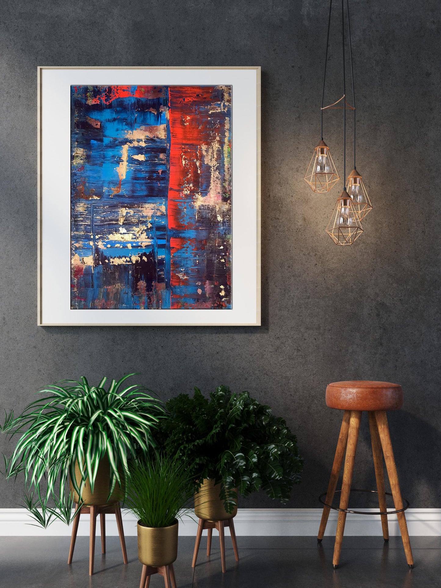 Framed Acrylic painting Pleasure by Olga Melezhik with bold blue red strokes