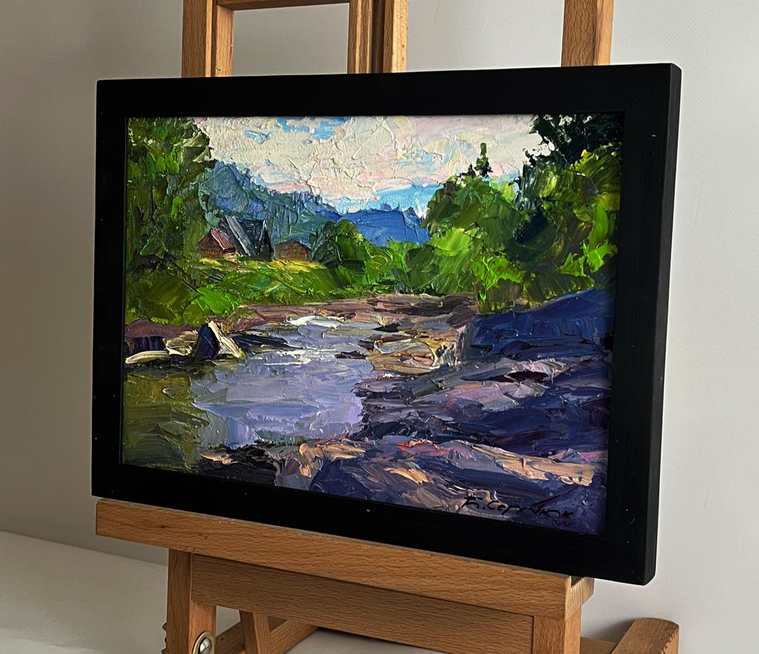 Oil painting Near a mountain stream by Boris Serdyuk in black frame