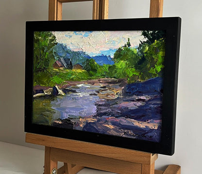 Oil painting Near a mountain stream by Boris Serdyuk in black frame