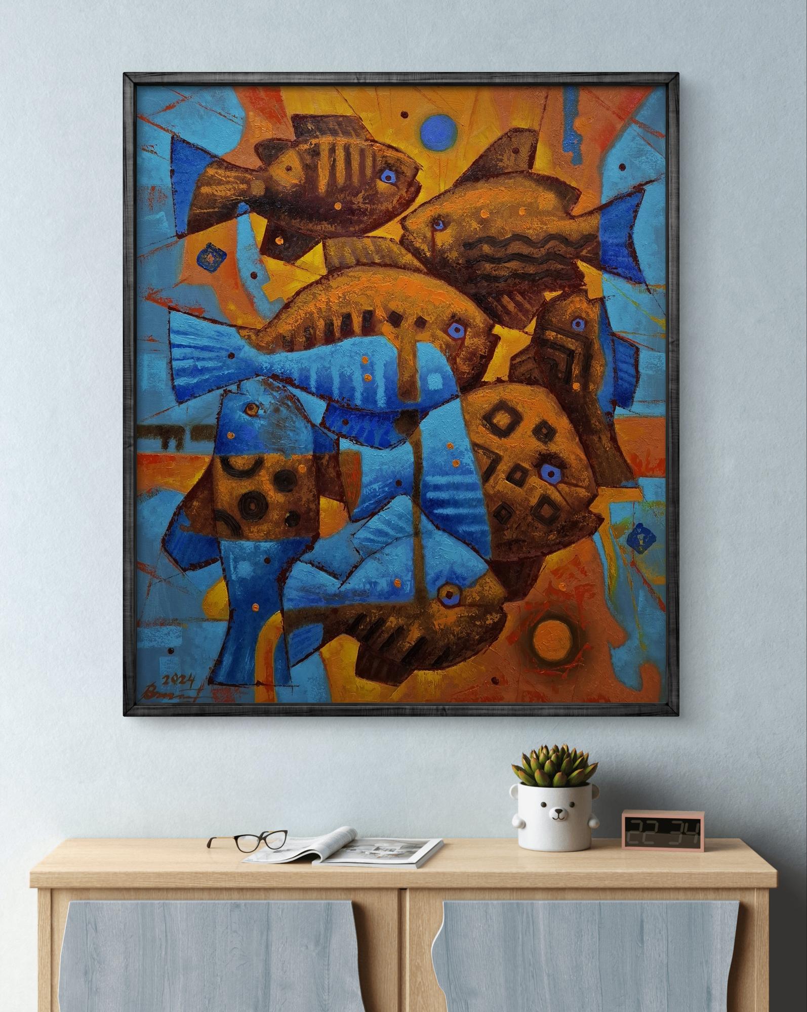 Oil painting Gold fish parade by Sergiy Voichenko, vibrant blue brown fish on orange yellow background