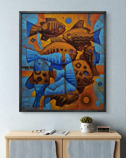Oil painting Gold fish parade by Sergiy Voichenko, vibrant blue brown fish on orange yellow background