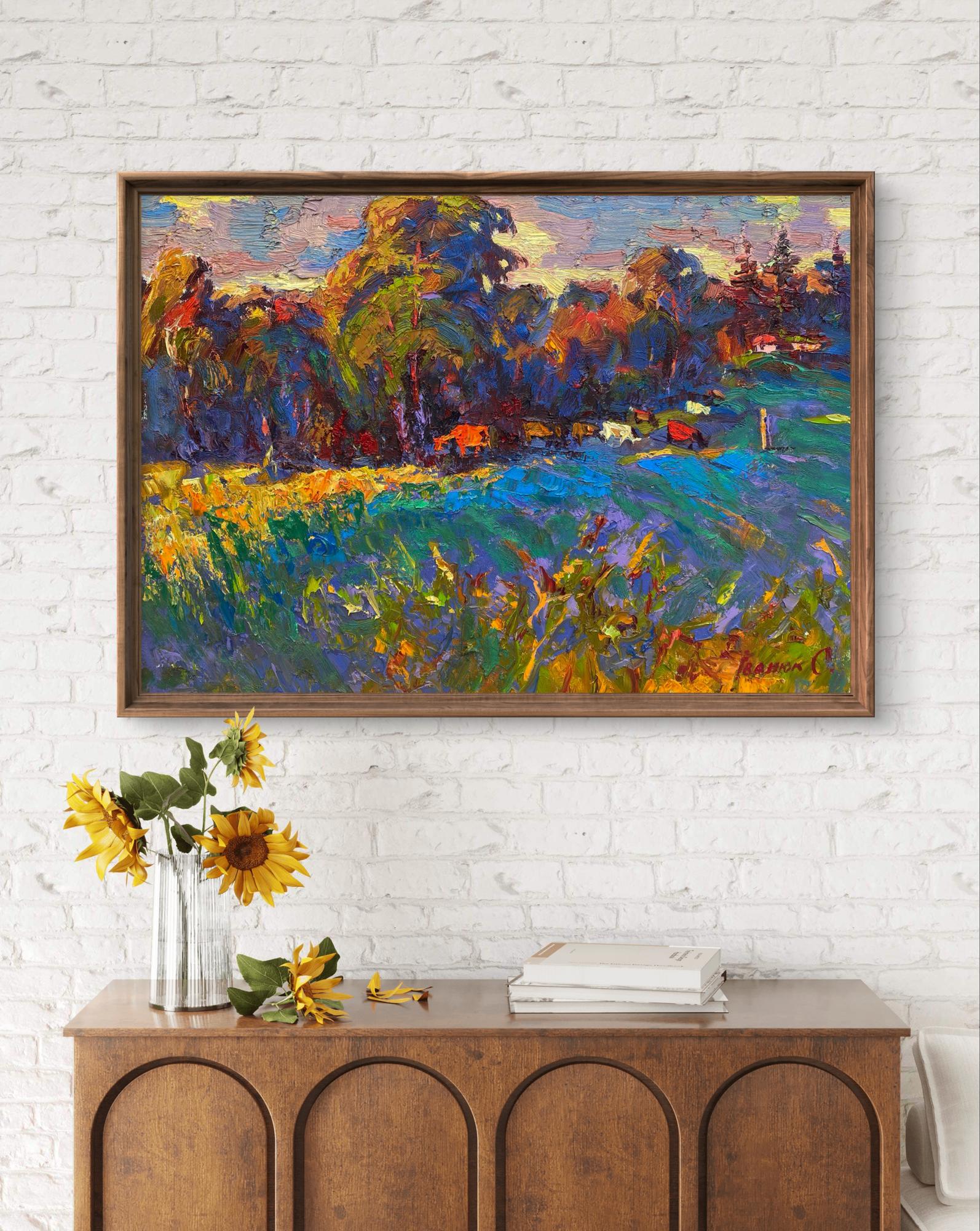 Oil painting Warm evening in the field by Oleksiy Ivanyuk in rustic frame
