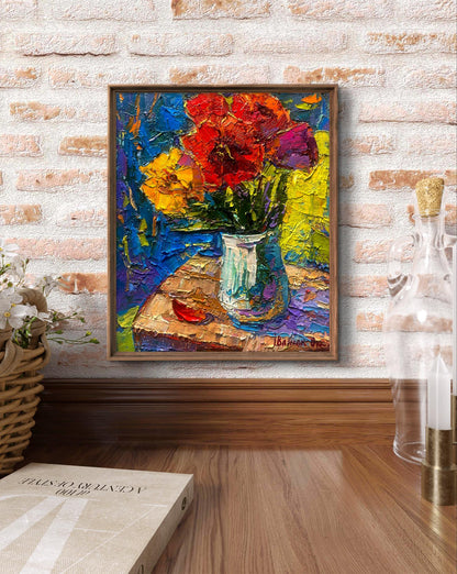 Vibrant impressionist oil painting of tulips in teal vase by Oksana Ivanyuk