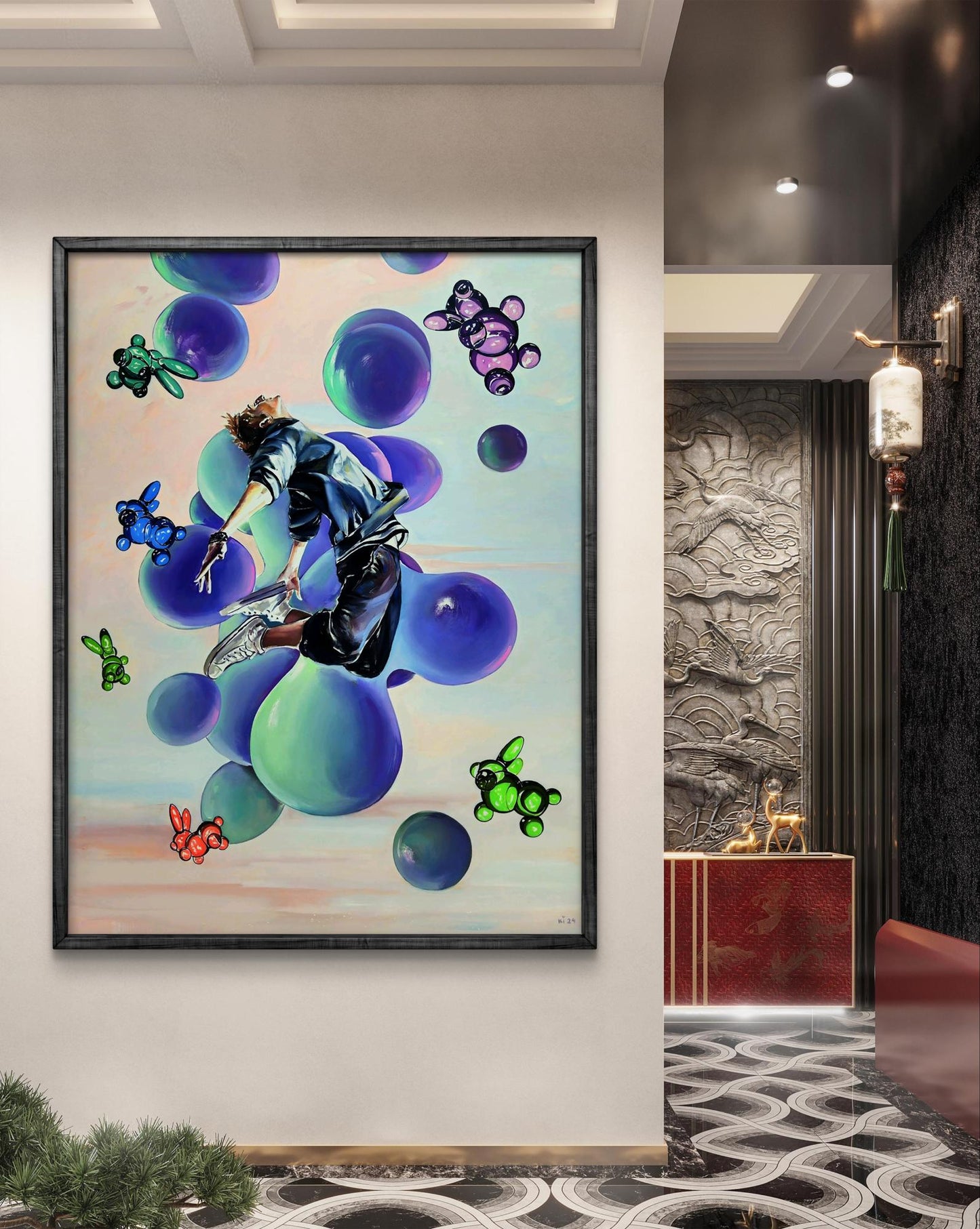Oil painting of TikTok man jumping by Igor Konovalov with balloons and bears