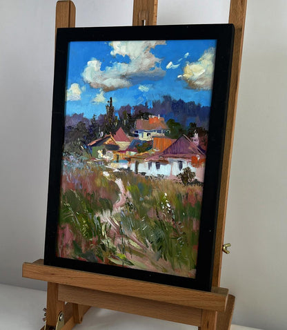 Oil painting The path to the house by Yuriy Suprunchuk in black frame