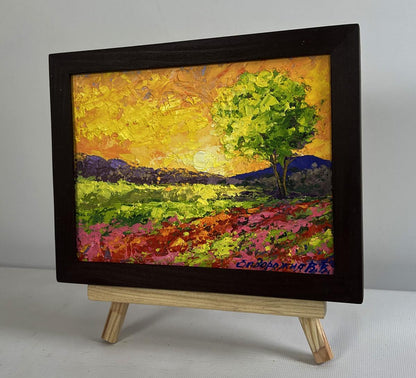 Oil painting Setting sun in the field by V. Zadorozhnya in wooden frame