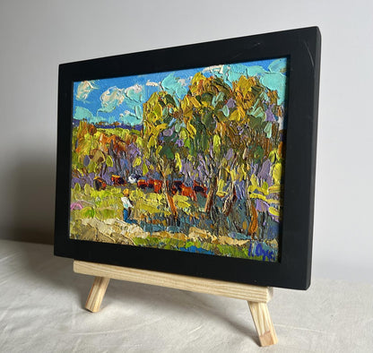 Oil painting Hot day in the field by Oksana Ivanyuk, autumn pastoral scene in black frame