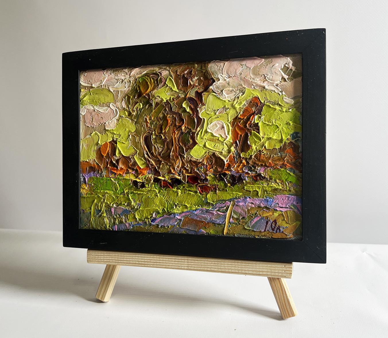 Oil painting Lush Meadows Behind the Village by Oleksiy Ivanyuk in black frame