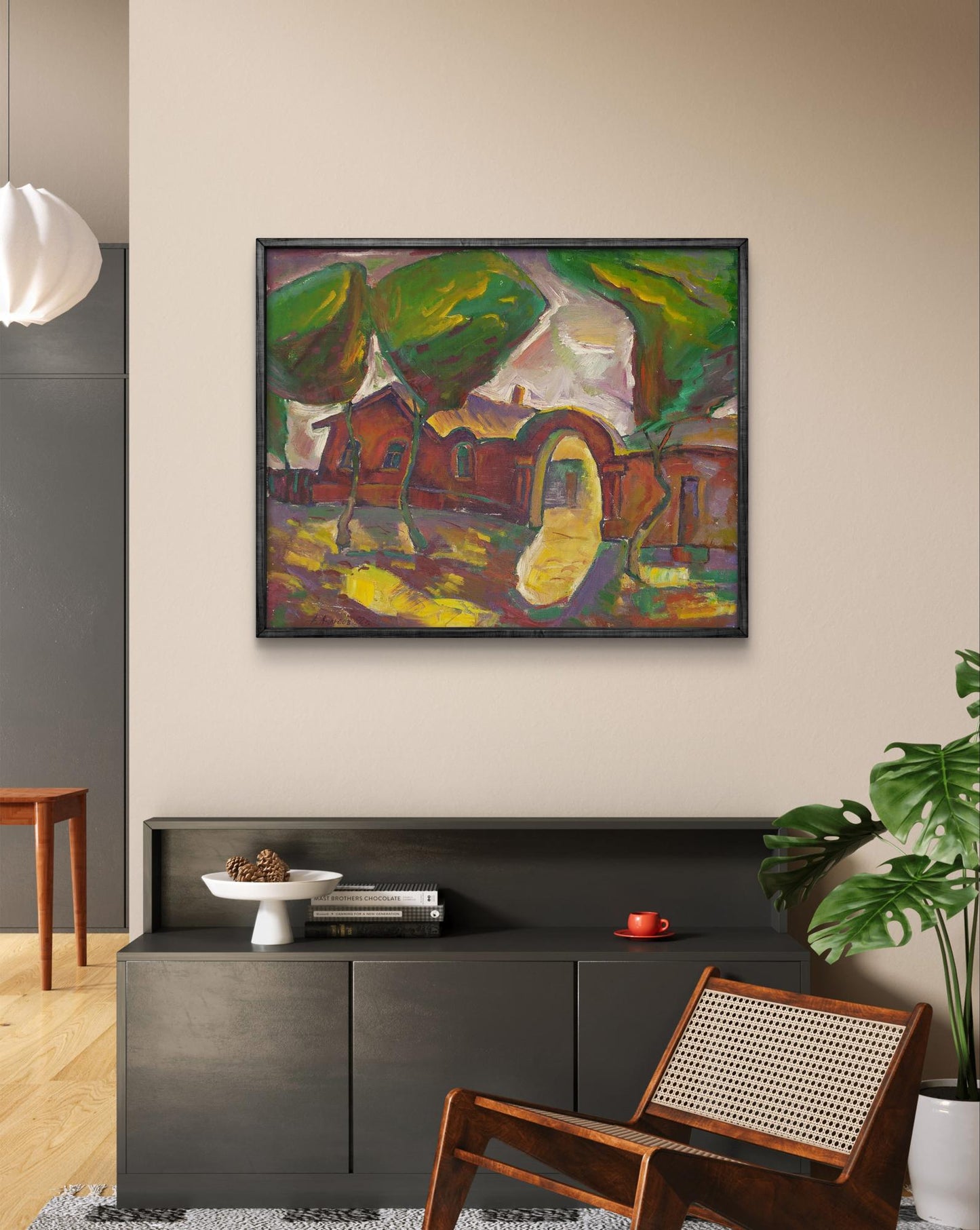 Framed oil painting by Oleksandr Andreev: landscape with red house