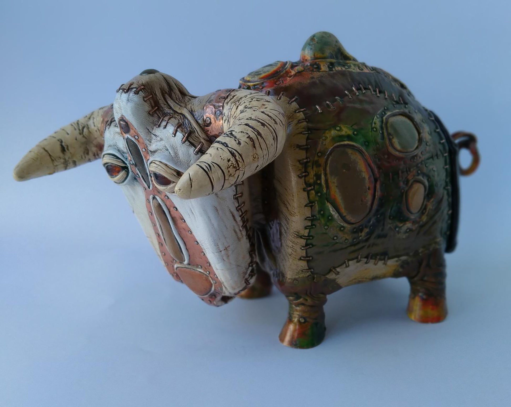 Steampunk ceramic Big Bull casket by Dmytro Kravtsov with stones