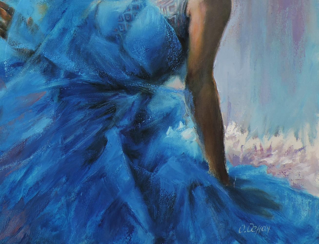 Oil painting of girl in vibrant blue textured gown by Oksana Osnach