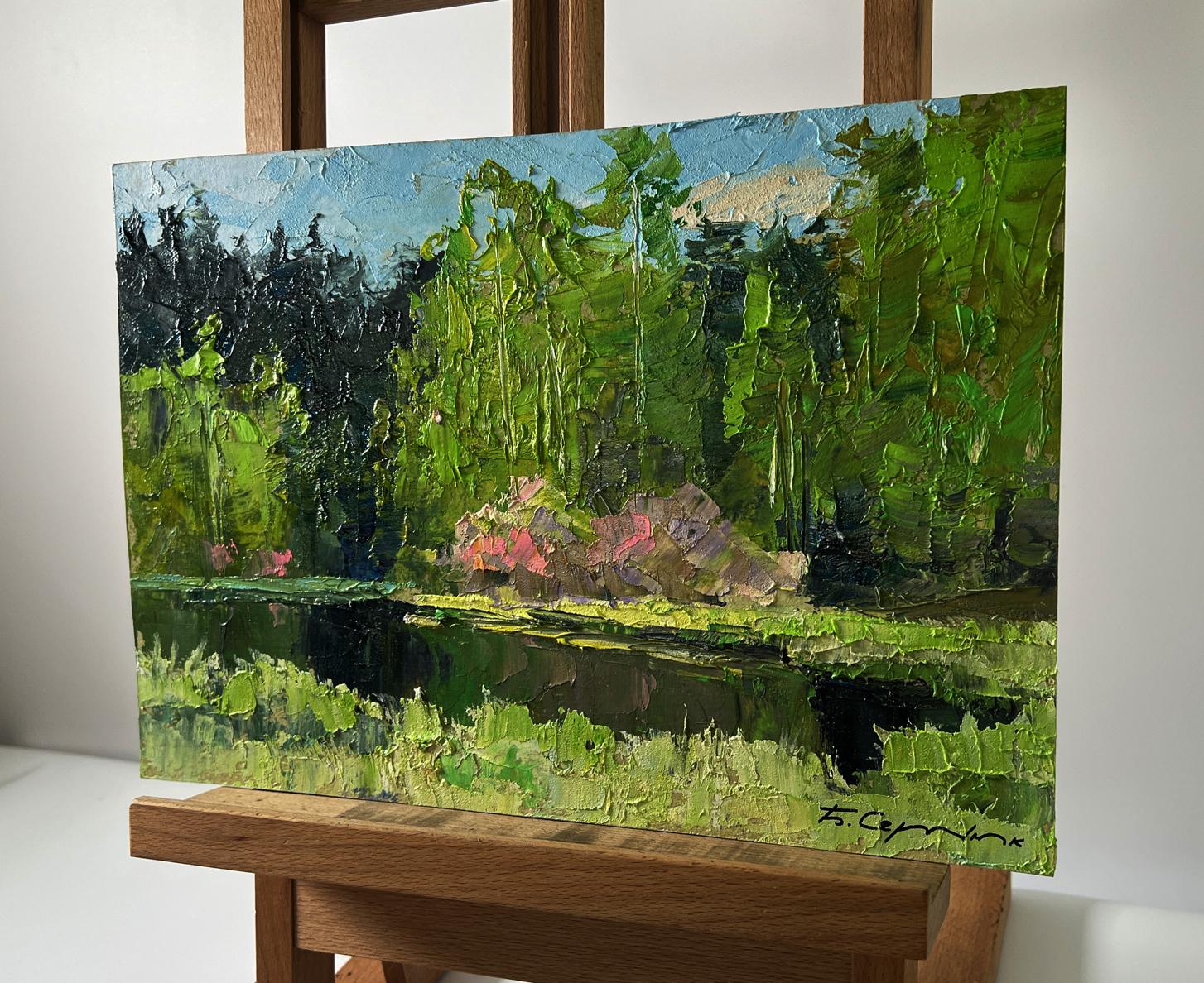 Oil painting Spring lake in the forest by Boris Serdyuk on wooden easel