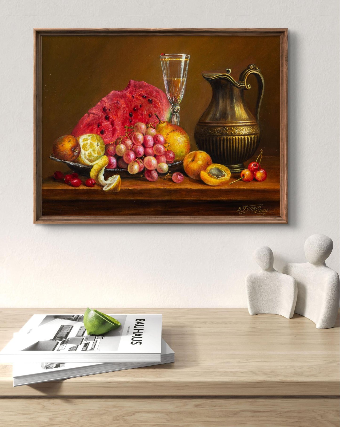 Oil painting Golden time Valeriy Bulat with watermelon, grapes, fruit, pitcher