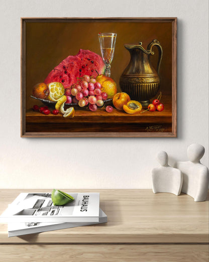 Oil painting Golden time Valeriy Bulat with watermelon, grapes, fruit, pitcher
