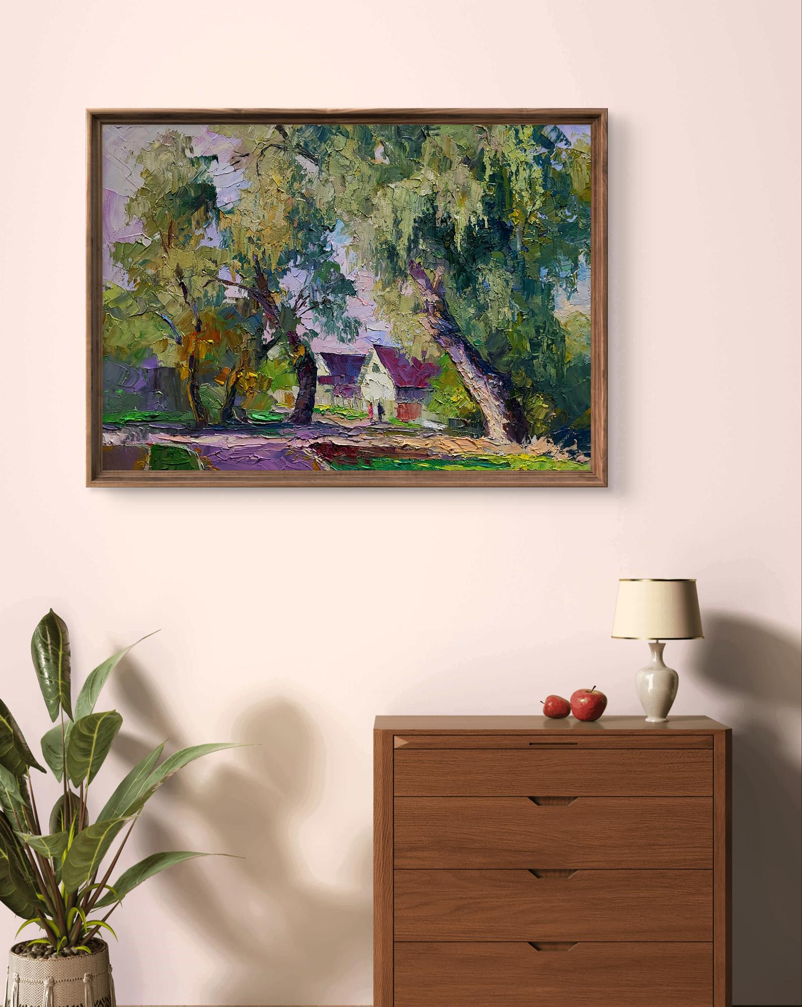 Framed impressionist oil painting Willows near the yard by Boris Serdyuk