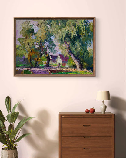 Framed impressionist oil painting Willows near the yard by Boris Serdyuk