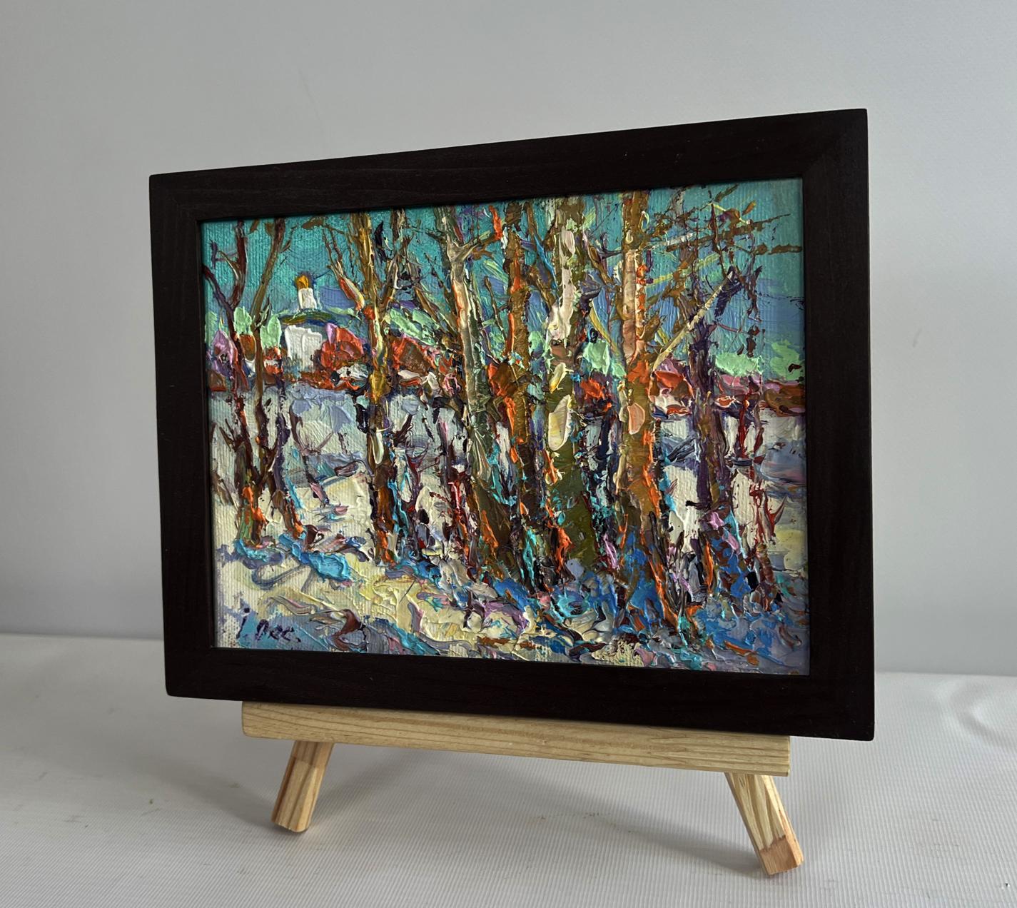 Oil painting Sunny winter day by Oksana Ivanyuk in dark wood frame