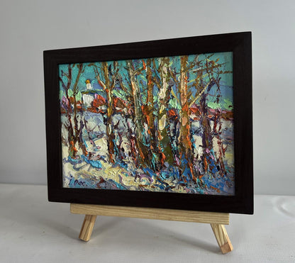Oil painting Sunny winter day by Oksana Ivanyuk in dark wood frame