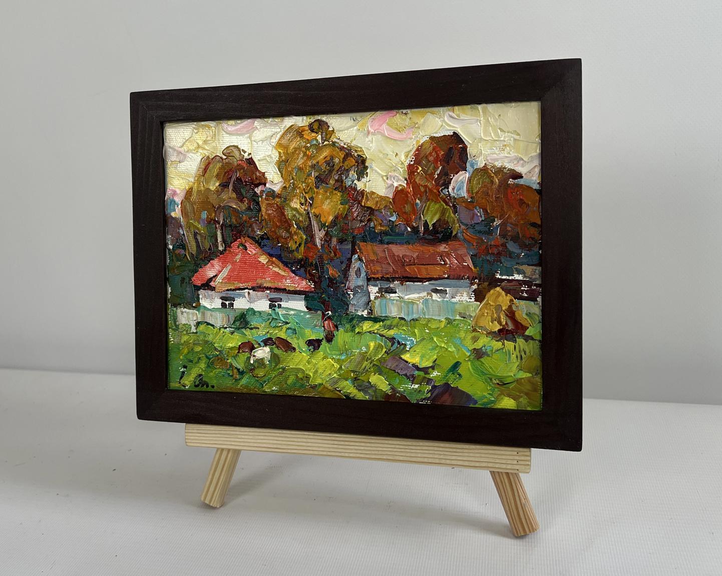 Oil painting Autumn yellow sunset by Oleksiy Ivanyuk rustic village scene