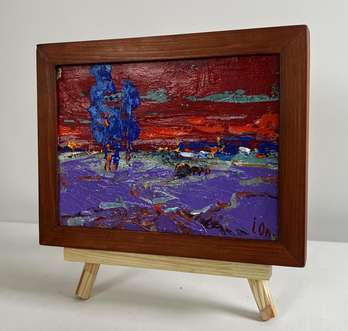 Oil painting Crimson winter evening by Oleksiy Ivanyuk in brown frame