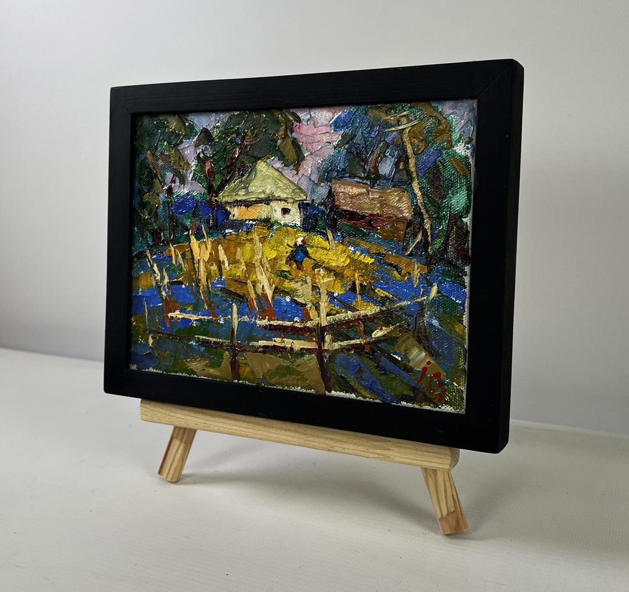 Oil painting Village Evening Tranquility by Oleksiy Ivanyuk in black frame