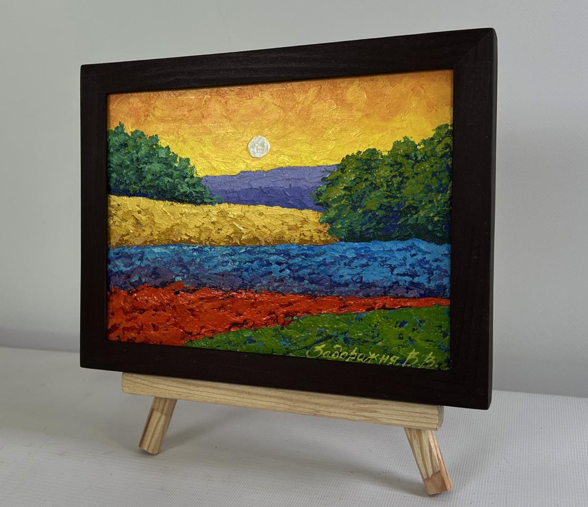 Oil painting Golden evening over green expanses by V. Zadorozhnya in wooden frame