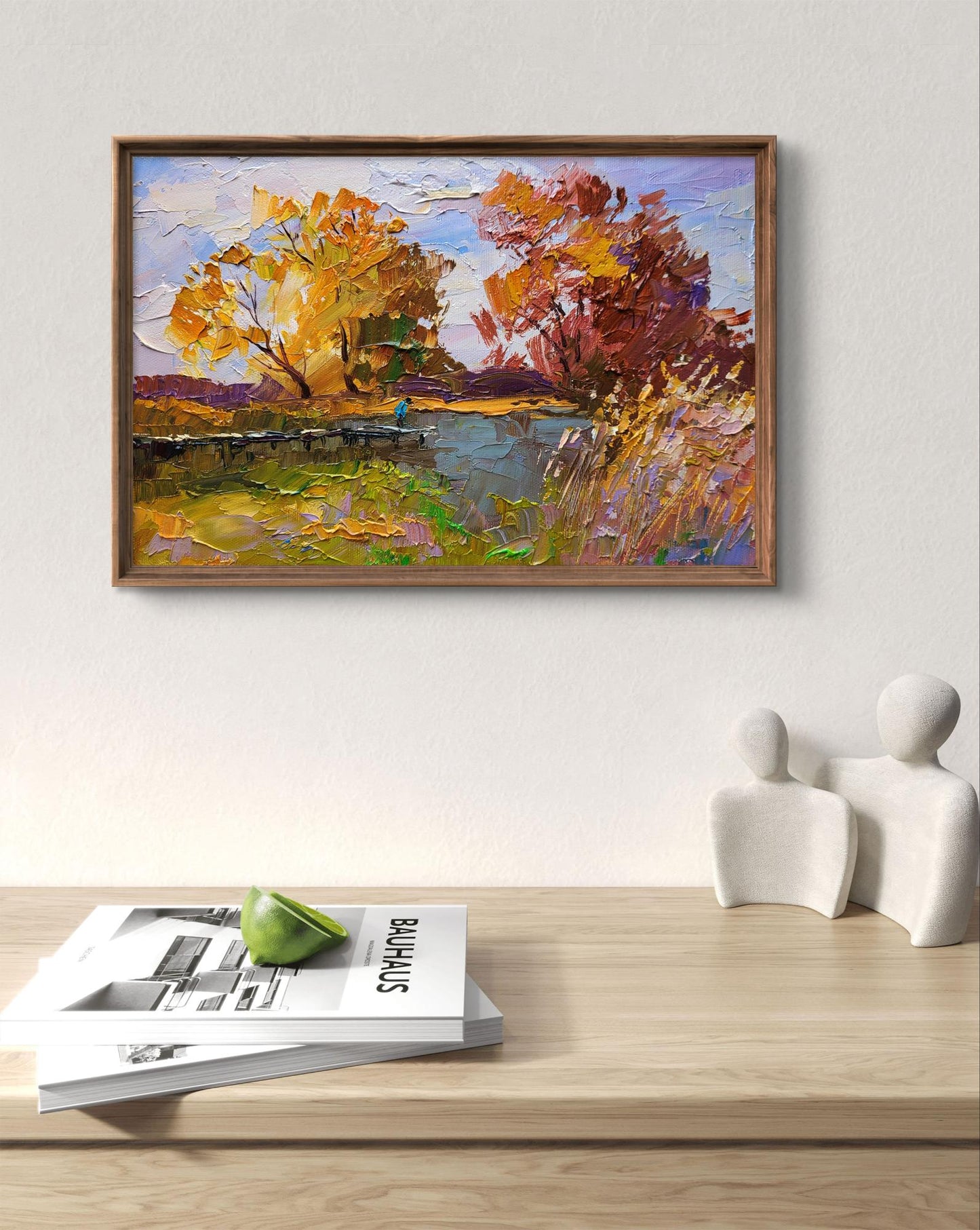 Framed impressionist oil painting On the autumn river by Boris Serdyuk
