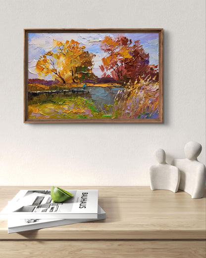 Framed impressionist oil painting On the autumn river by Boris Serdyuk