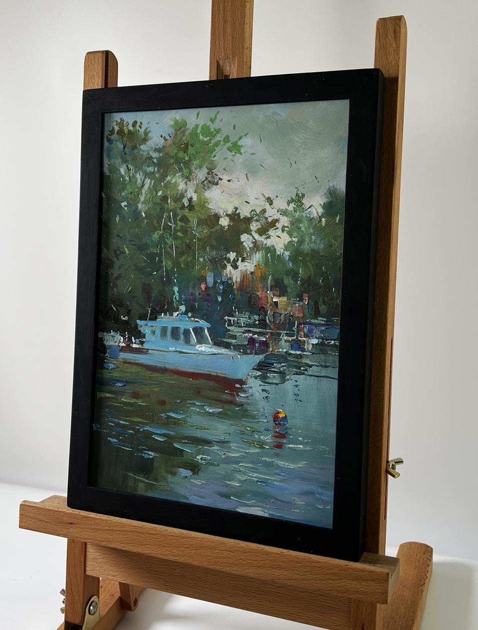 Oil painting Boats on the River by Yuriy Suprunchuk in black frame