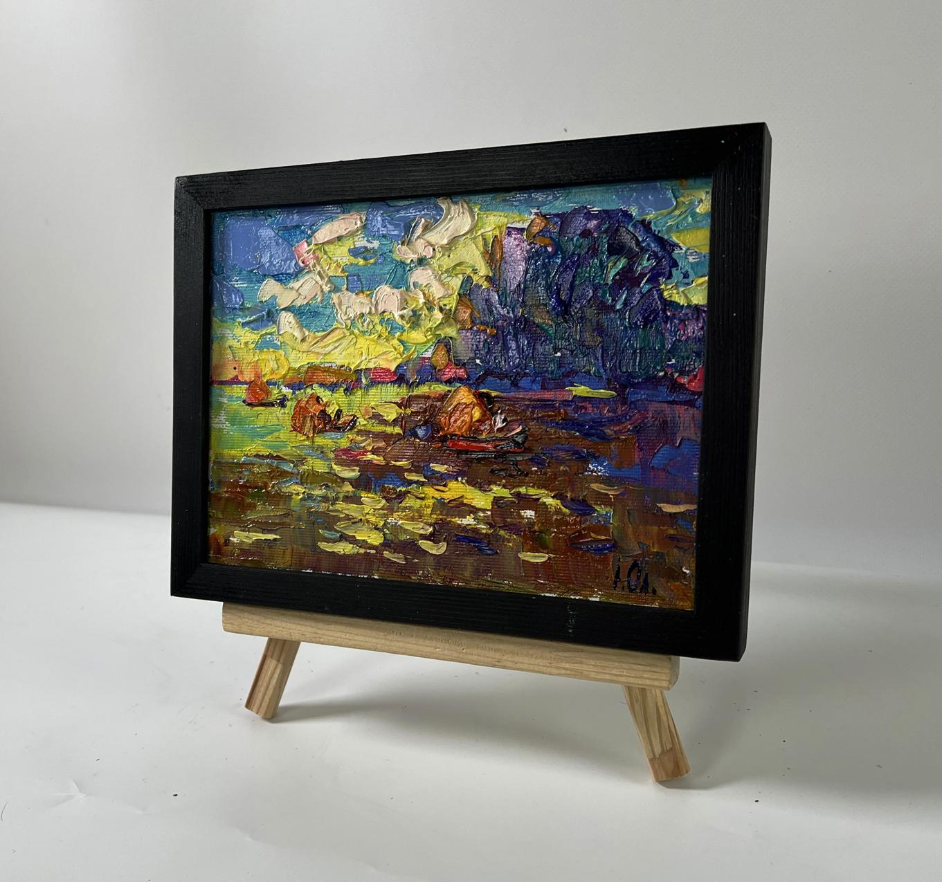 Oil painting Evening on the river by Oleksiy Ivanyuk in black frame