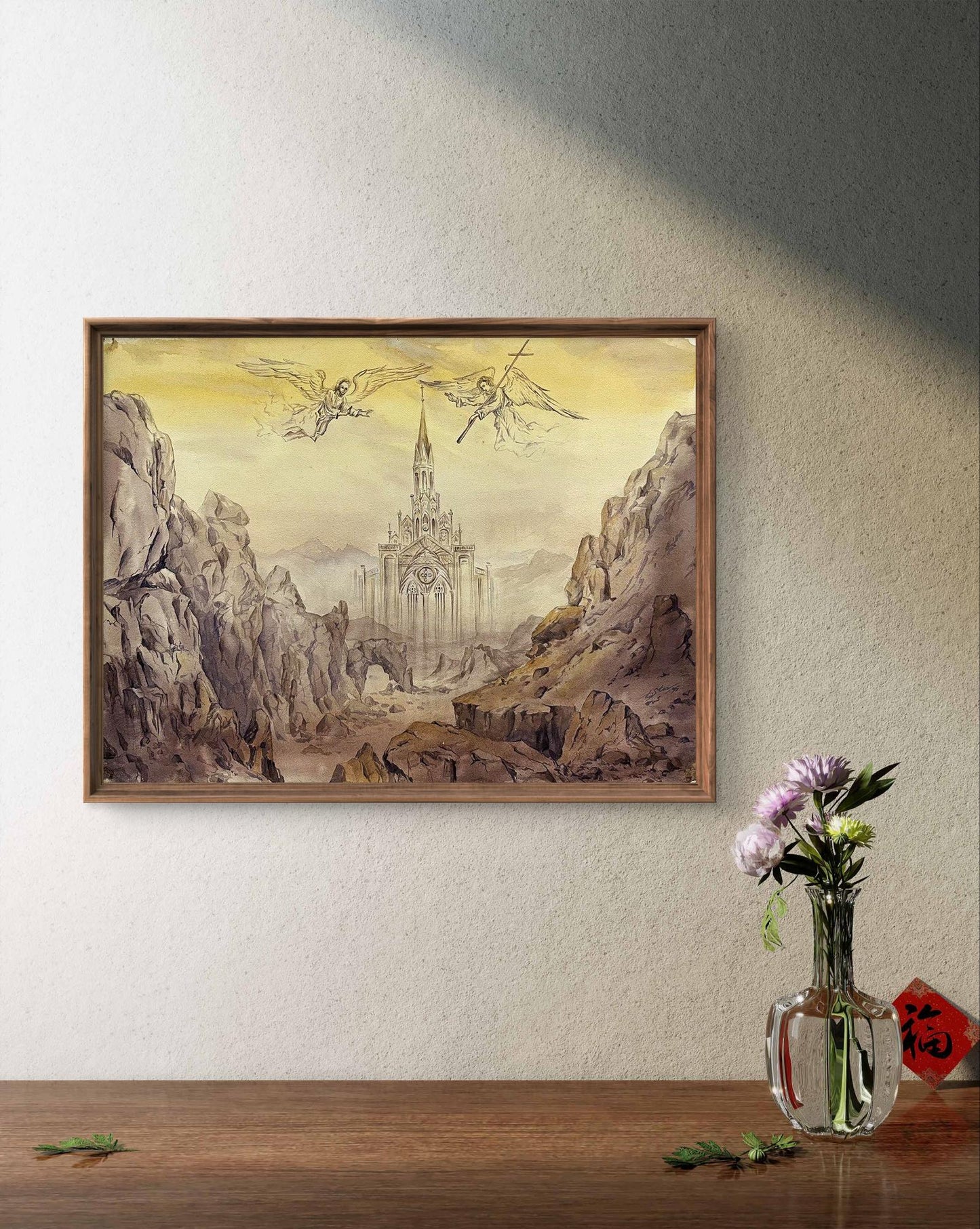 Framed watercolor Ghost of the Gothic by Dmytro Startsev, gothic castle scene