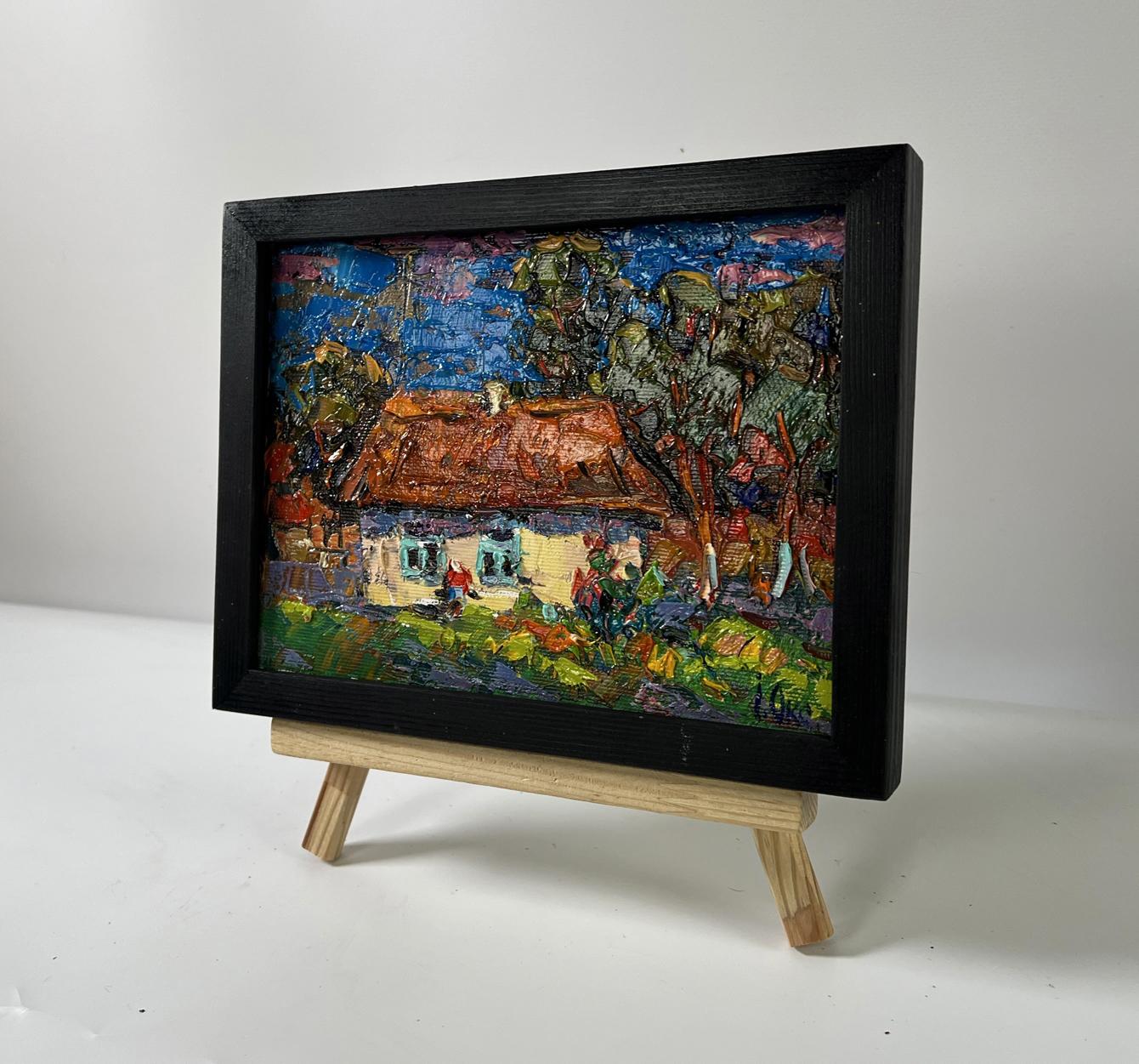 Oil painting Evening village courtyard by Oksana Ivanyuk in black frame