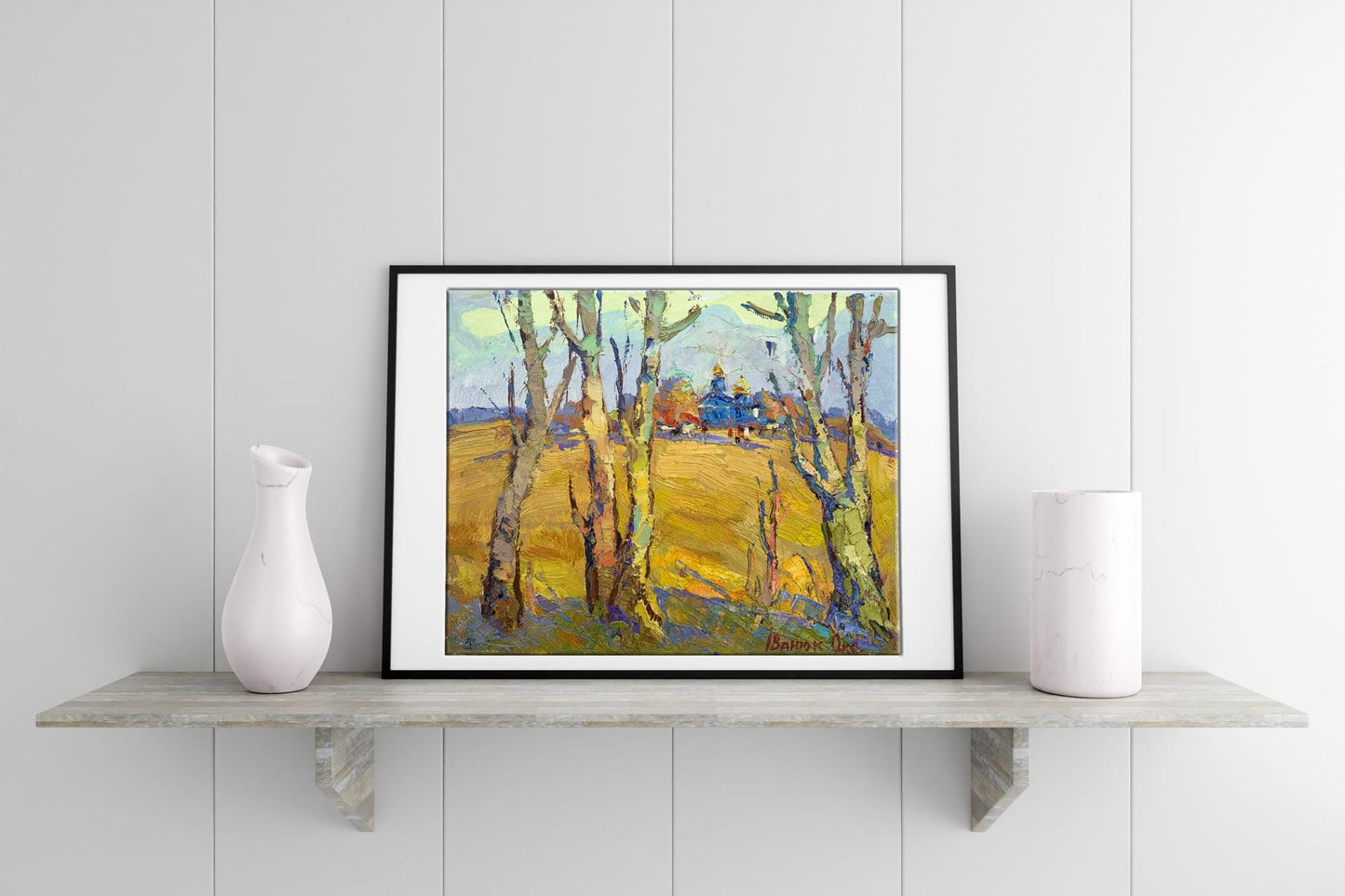 Framed impressionist oil painting The sound of autumn bells by Oksana Ivanyuk