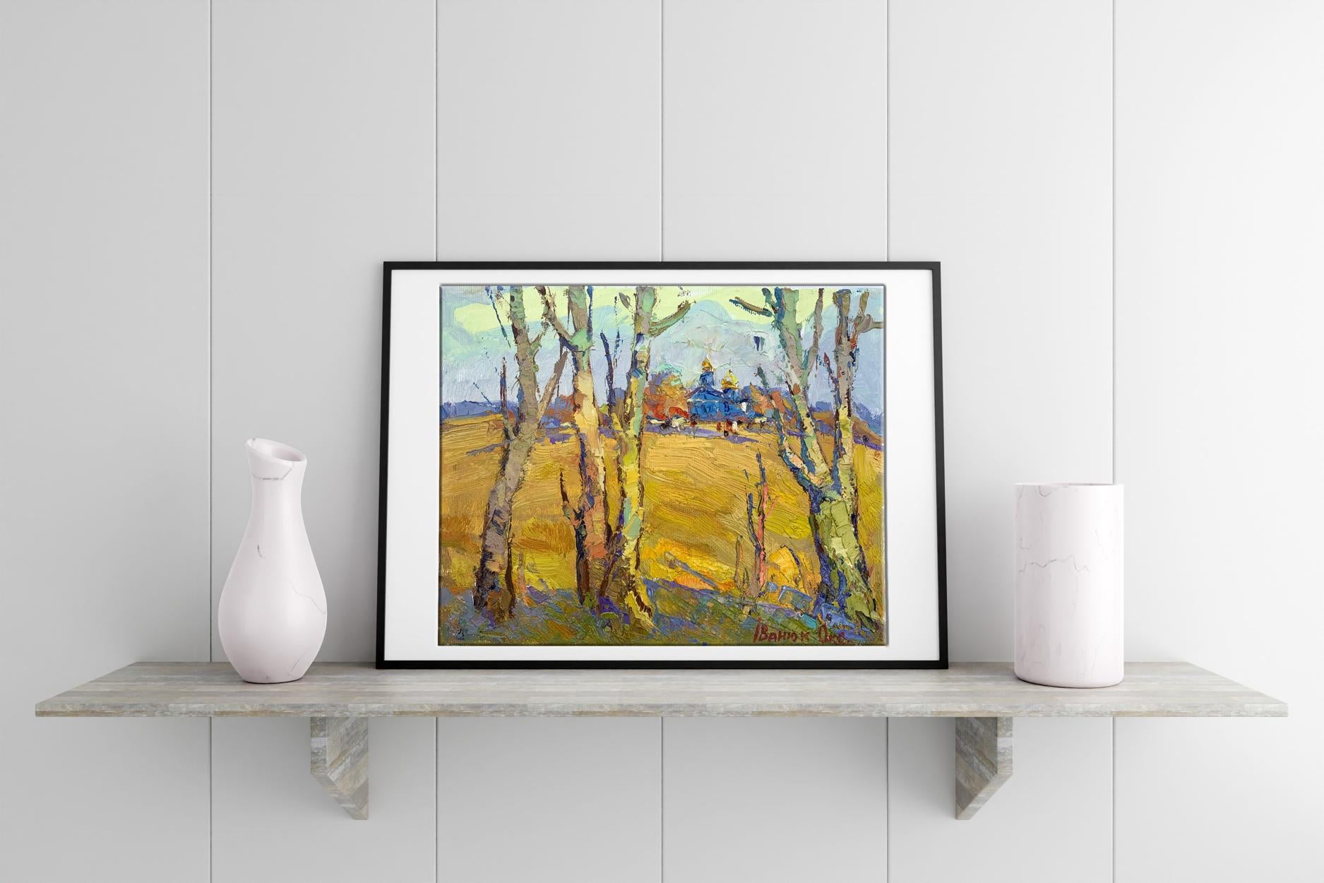 Framed impressionist oil painting The sound of autumn bells by Oksana Ivanyuk