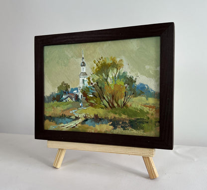 Oil painting At the village church by Yuriy Suprunchuk village scene