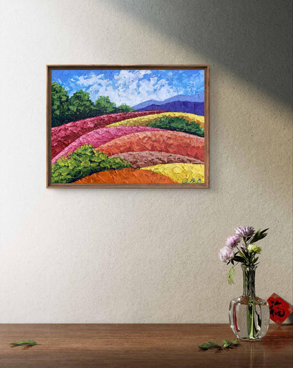 Oil painting of colorful flower fields by V. Zadorozhnya in wooden frame