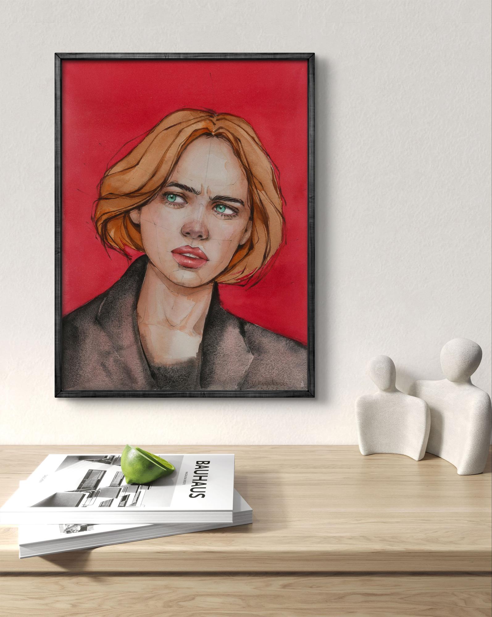 Framed watercolor portrait Mistrust by Victoria Kagalovska, blonde woman green eyes red background