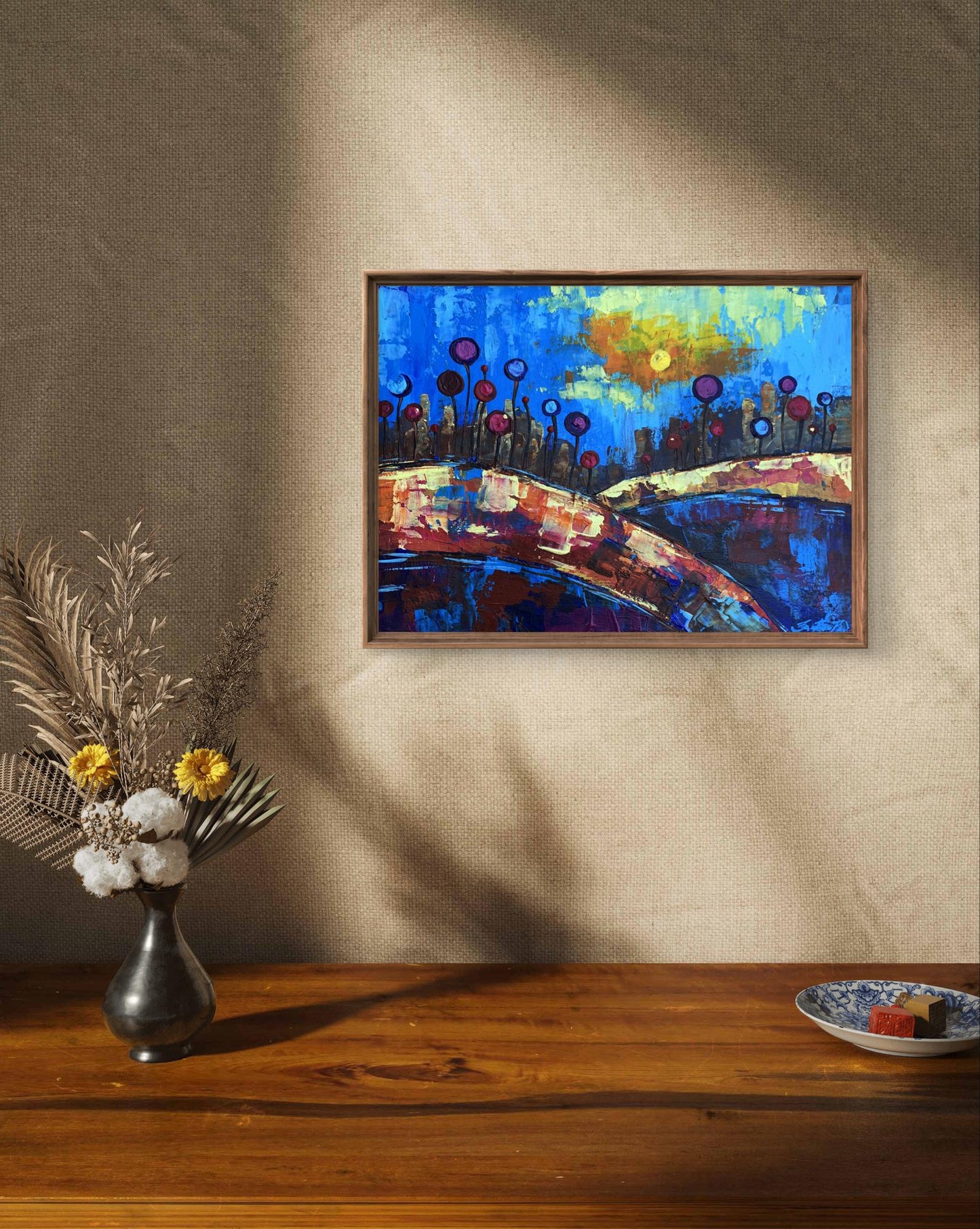 Oil painting A childhood dream by V. Zadorozhnya with blue skies and purple flowers