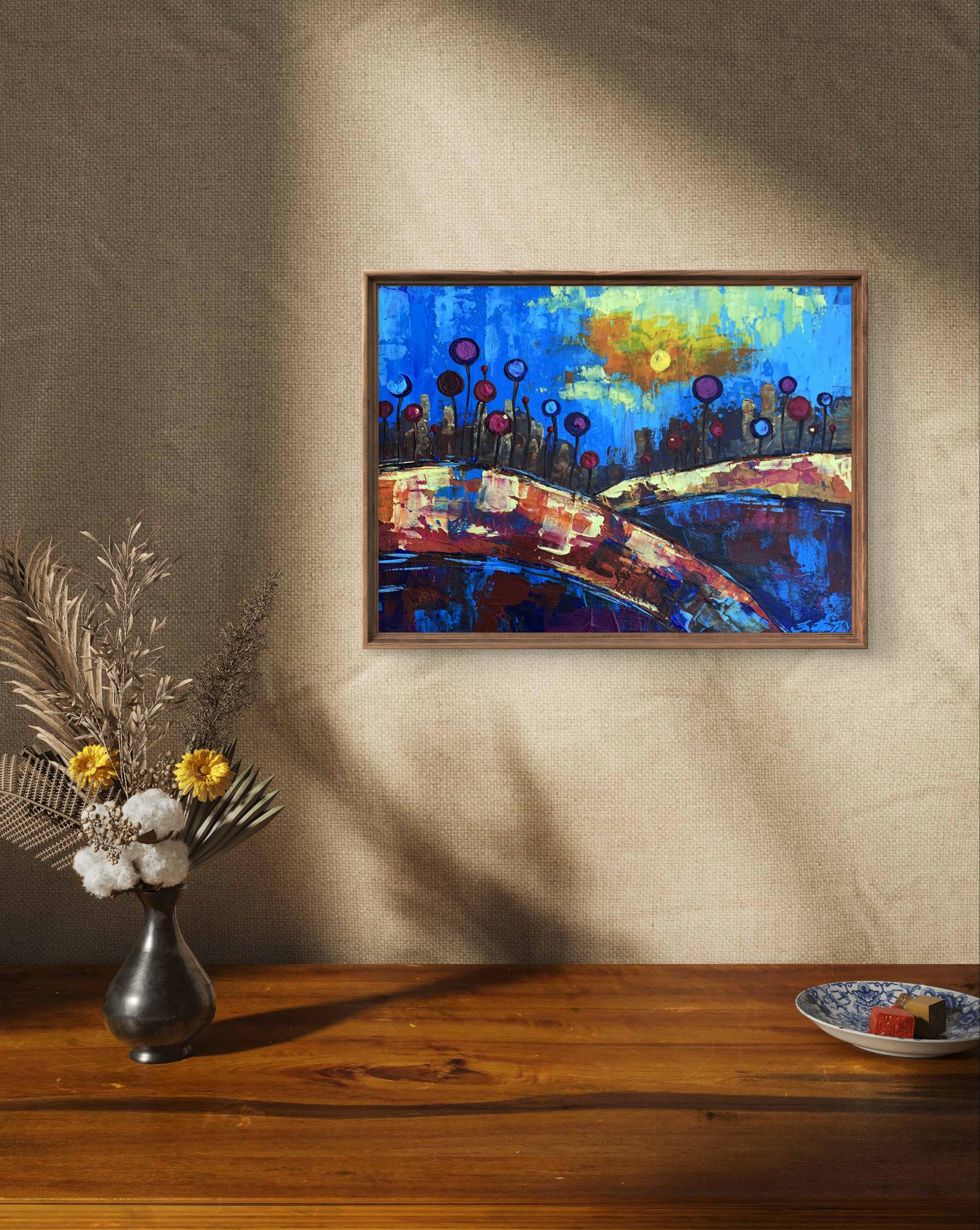 Oil painting A childhood dream by V. Zadorozhnya with blue skies and purple flowers