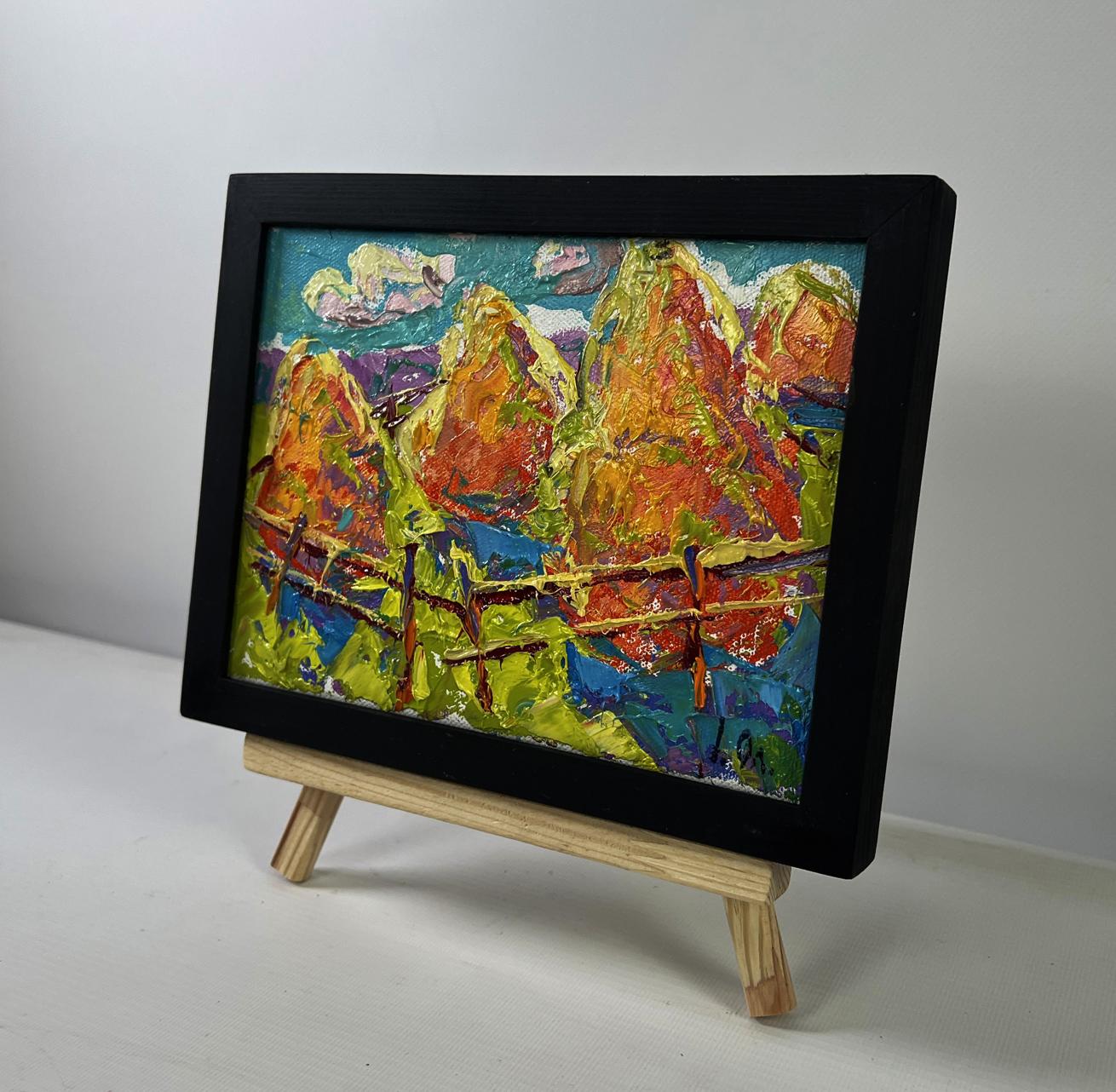 Vibrant Oleksiy Ivanyuk oil painting of mountains and foliage in black frame