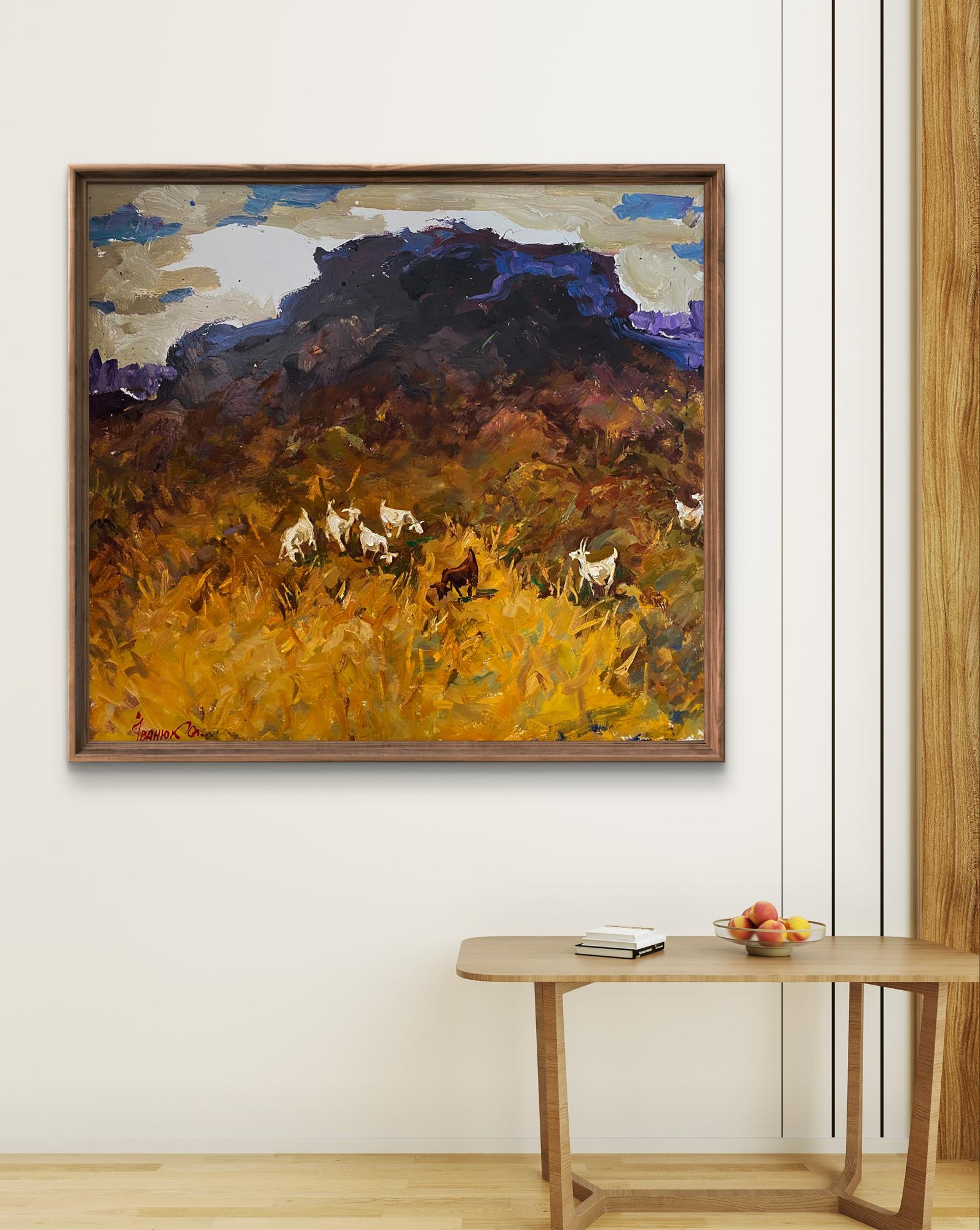 Oil painting Goats in a wheat field by Oleksiy Ivanyuk, framed abstract landscape