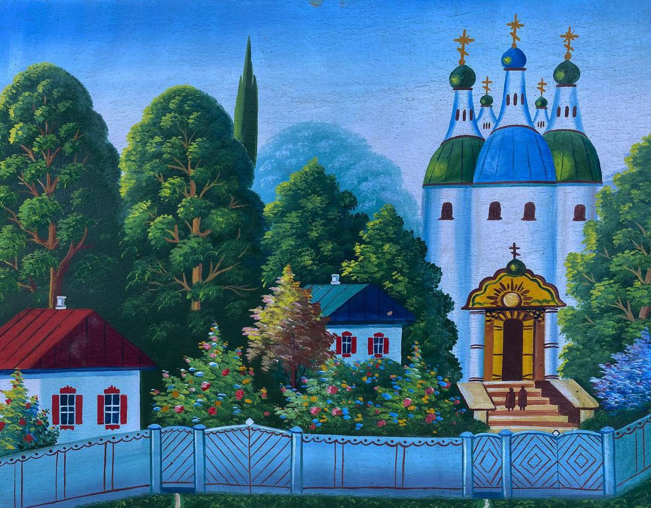 Oil painting of white church with blue green domes and golden crosses