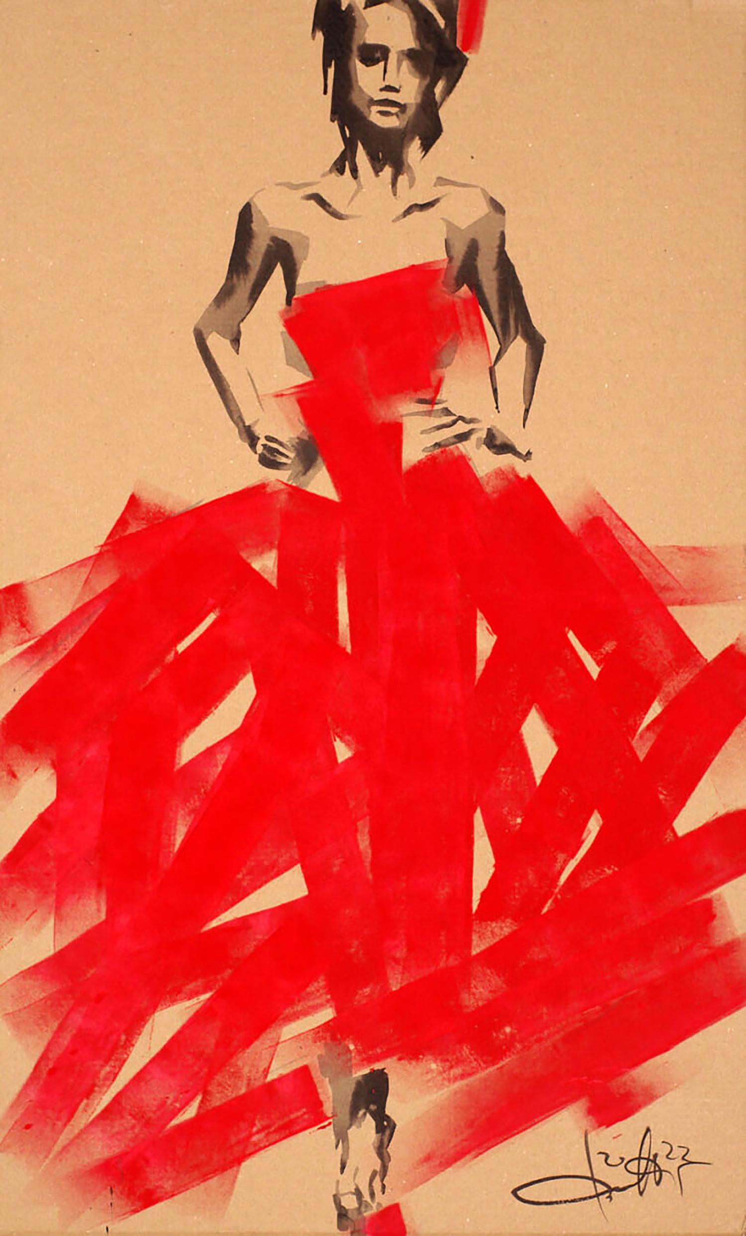 Acrylic painting of bold red abstract bride gown by Dima Filatov