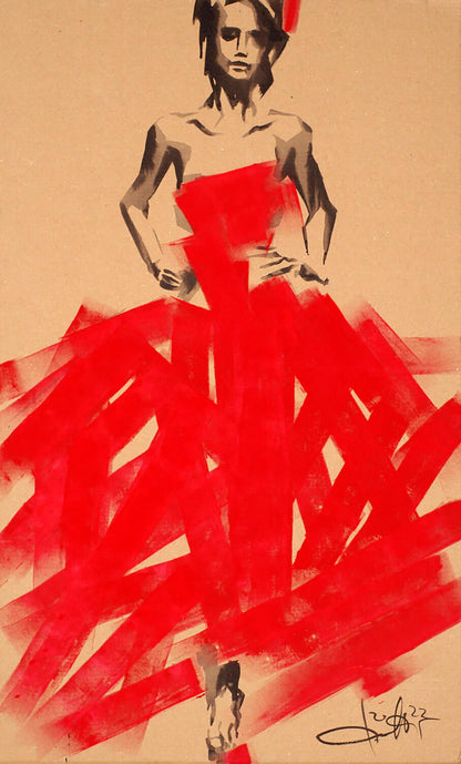 Acrylic painting of bold red abstract bride gown by Dima Filatov