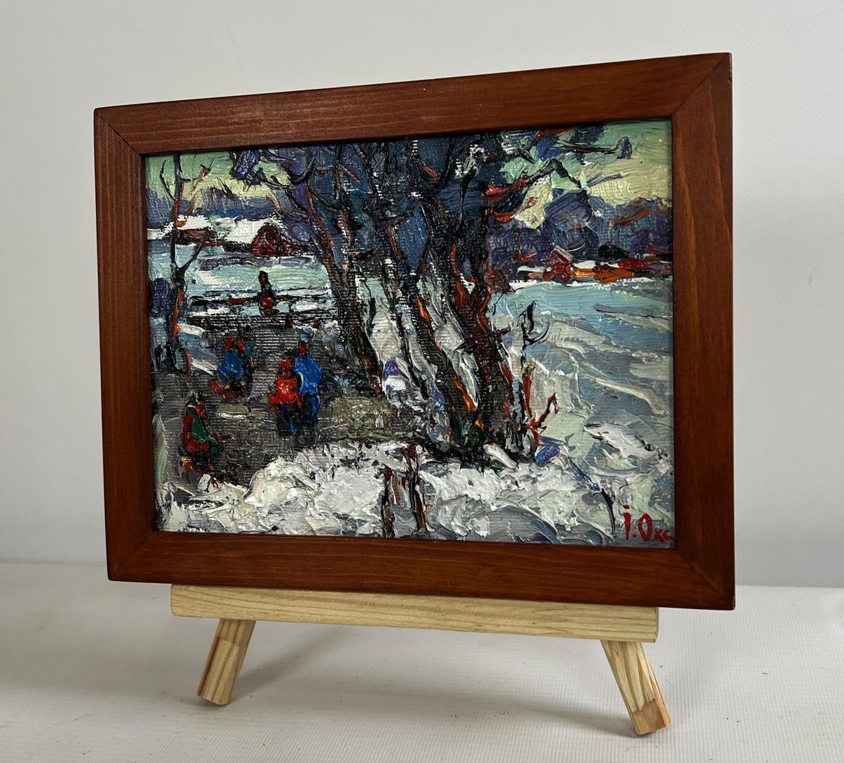 Rustic miniature oil painting First winter ice by Oksana Ivanyuk snowy scene