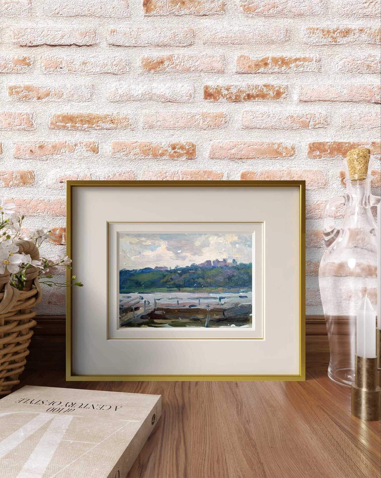 Framed riverside watercolor landscape by Yury Konovalov in gold frame