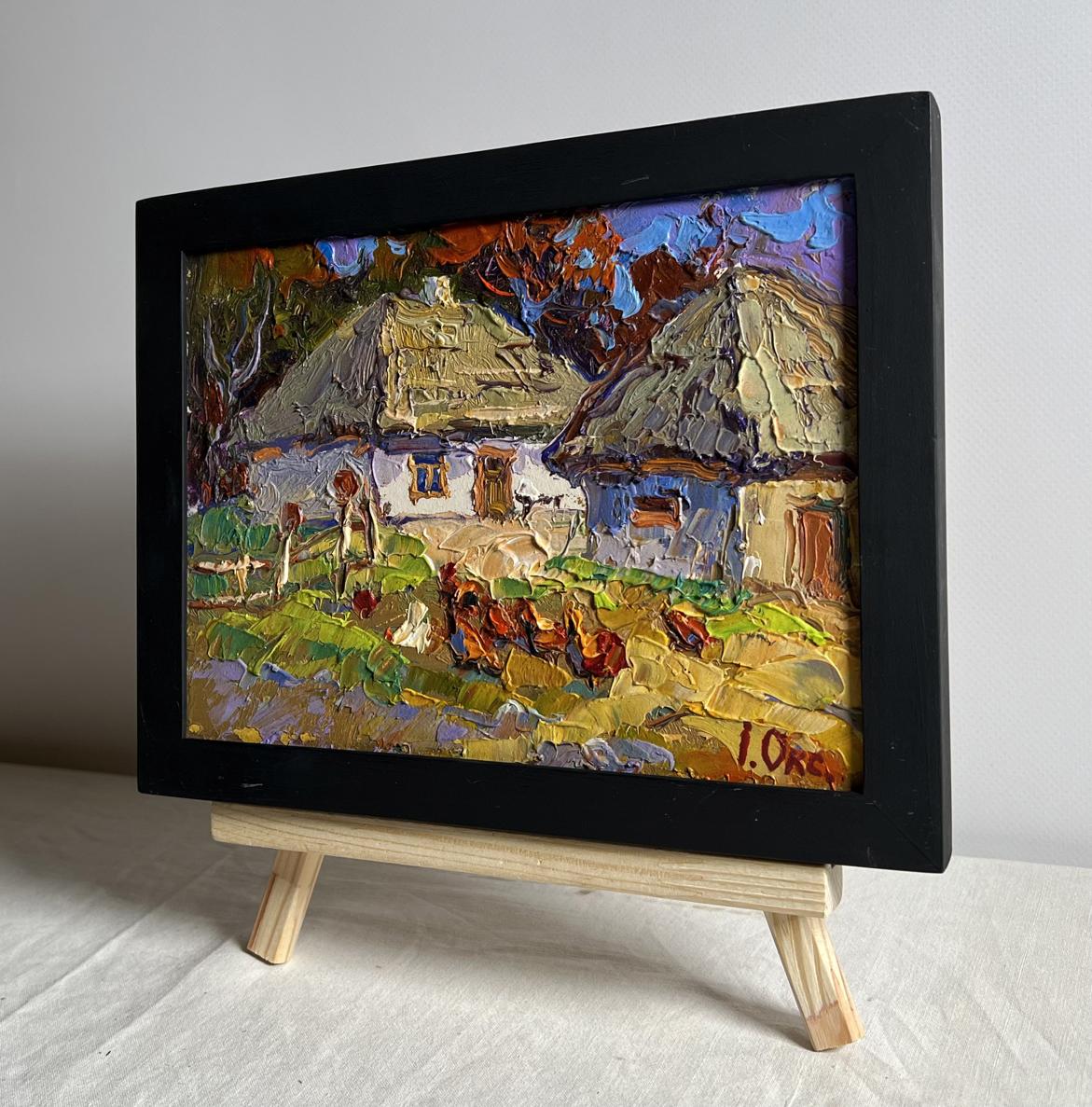 Oil painting by Oksana Ivanyuk: chickens in yard with rustic houses, framed