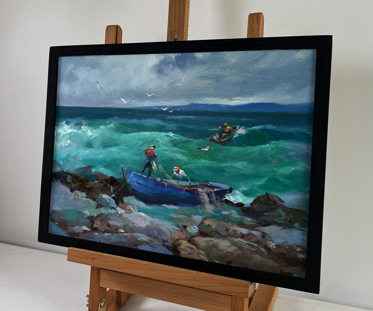 Oil painting Fishermen at Sea by Yuriy Suprunchuk, turbulent waves and boats