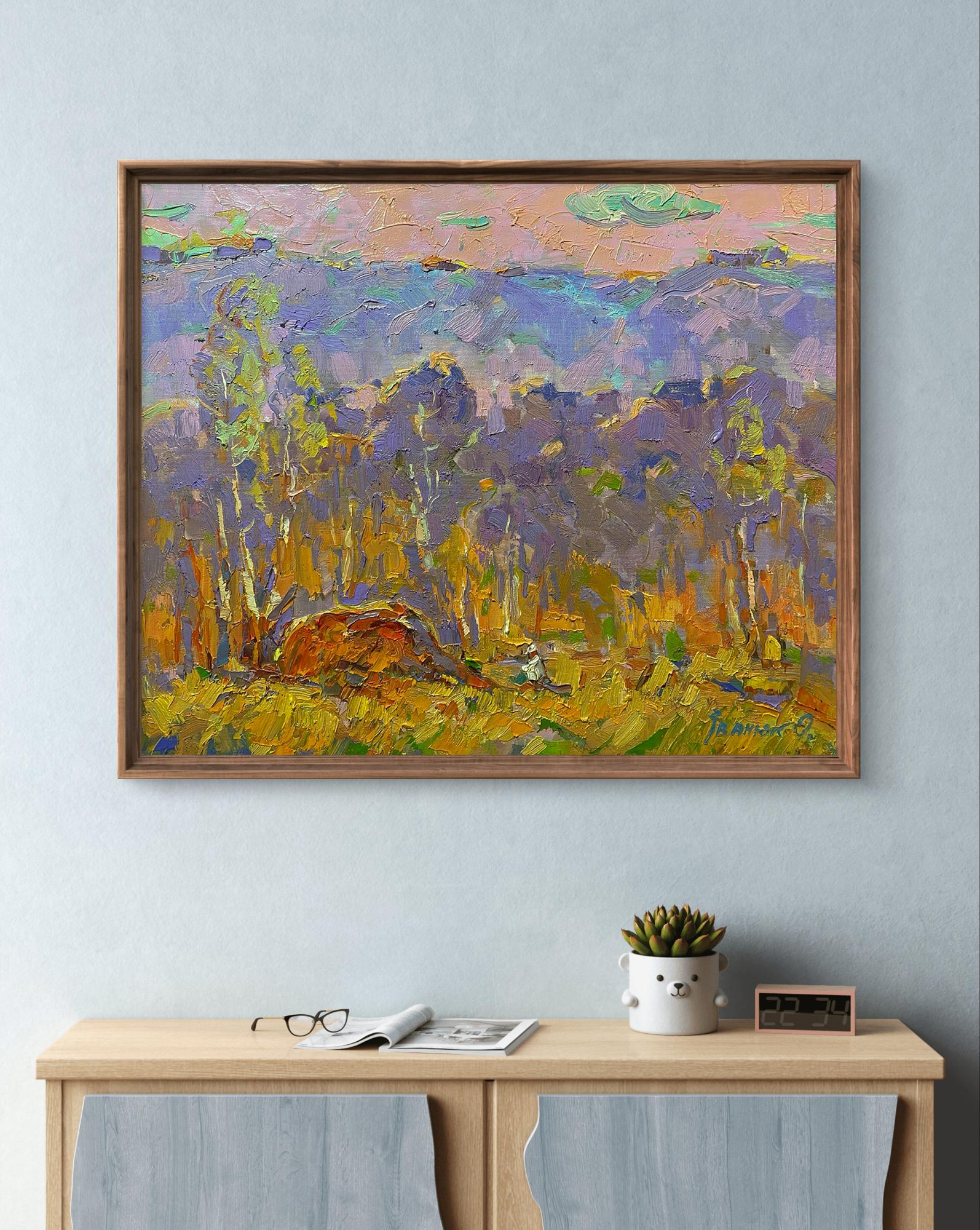 Framed Oil Painting Autumn is Far Away by Oleksiy Ivanyuk, purple forest under pink sky