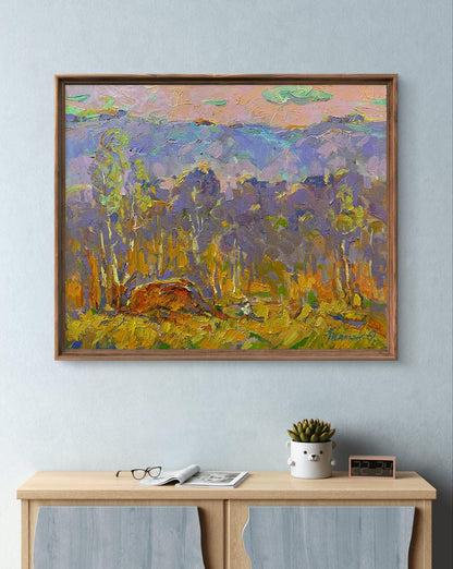 Framed Oil Painting Autumn is Far Away by Oleksiy Ivanyuk, purple forest under pink sky